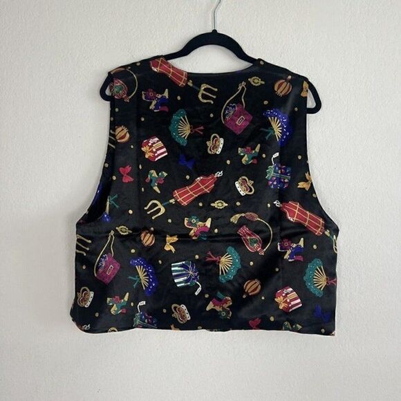 Diane Von Furstenberg The Color Authority Black Camp Funky Satin Vest Womens Lrg - Picture 2 of 8